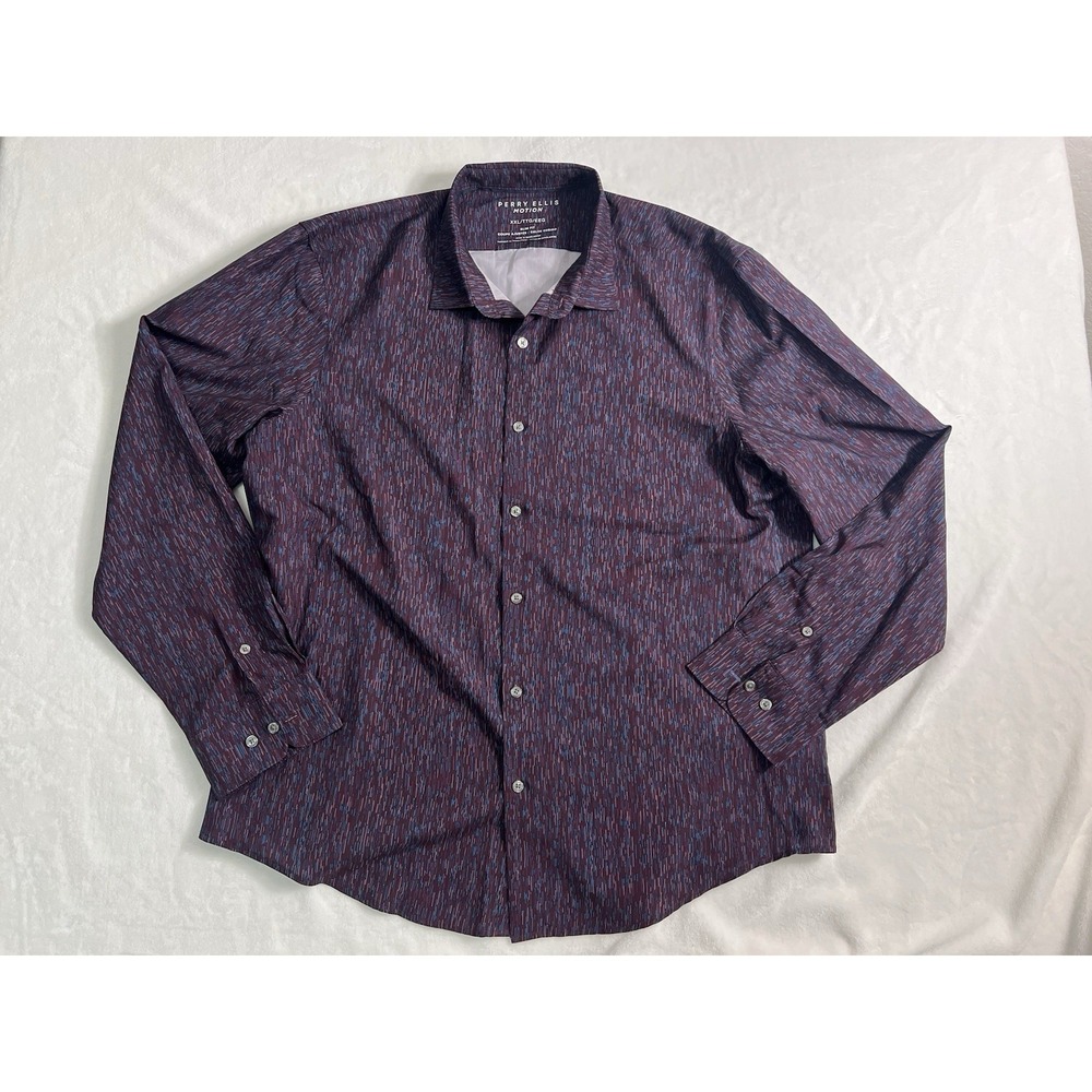 Perry Ellis Motion XXL Slim Fit Men's Dress Shirt Purple Blue Geometric